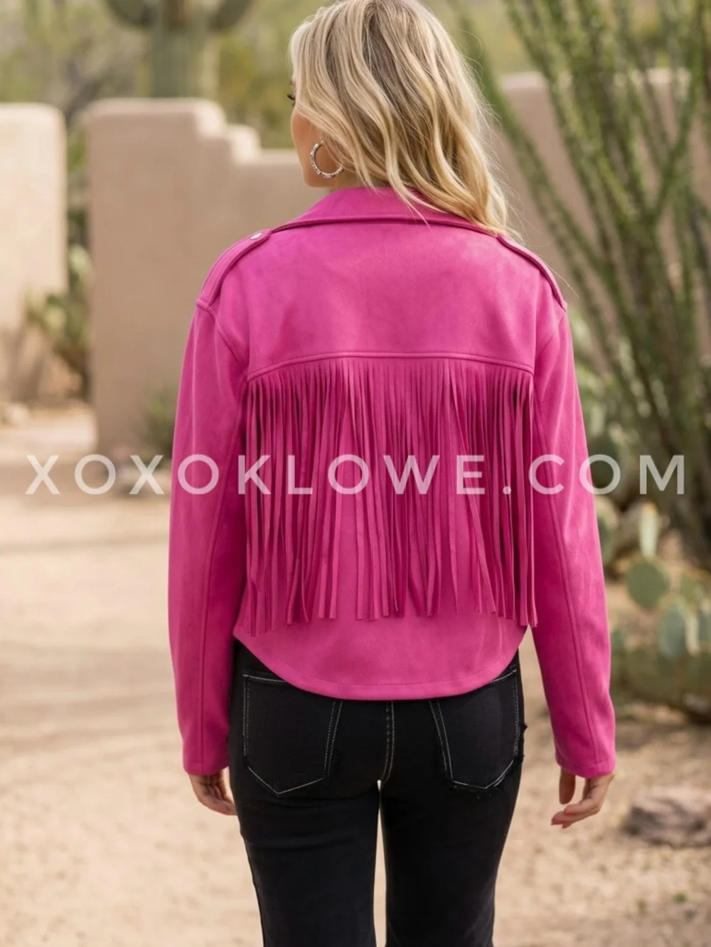 POL Hot Pink Vegan Suede Fringe Moto Jacket | Cropped Western Concert Biker